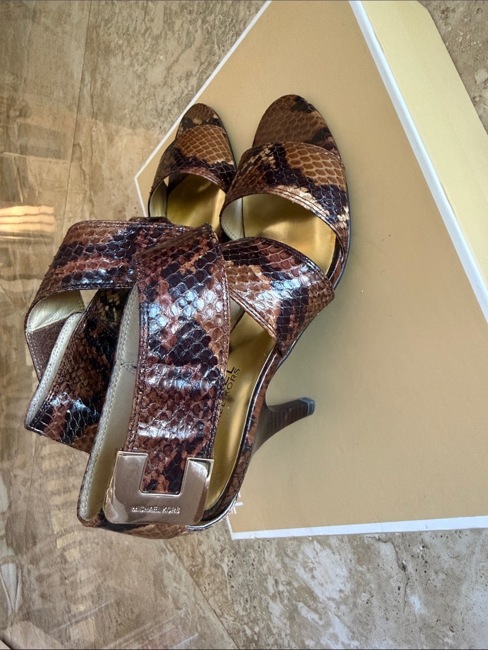 Michael Kors Brown Snakeskin-Print Open-Toe Kitten Heels with Gold Accent